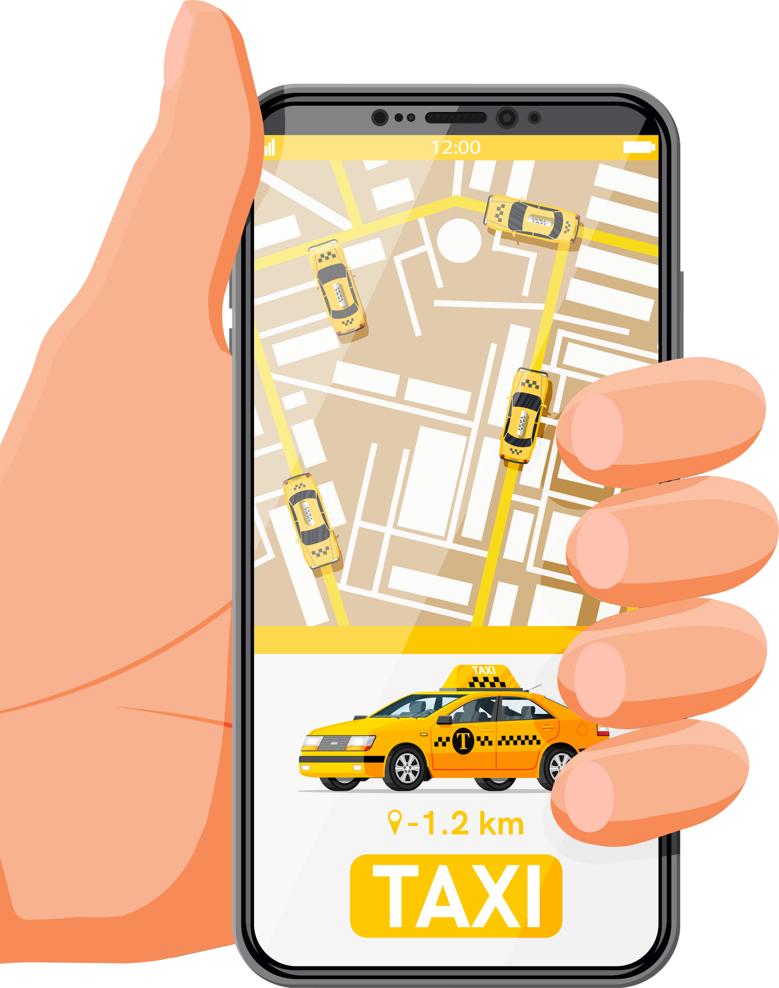 Taxi app or Service. Yellow Car and Smartphone.