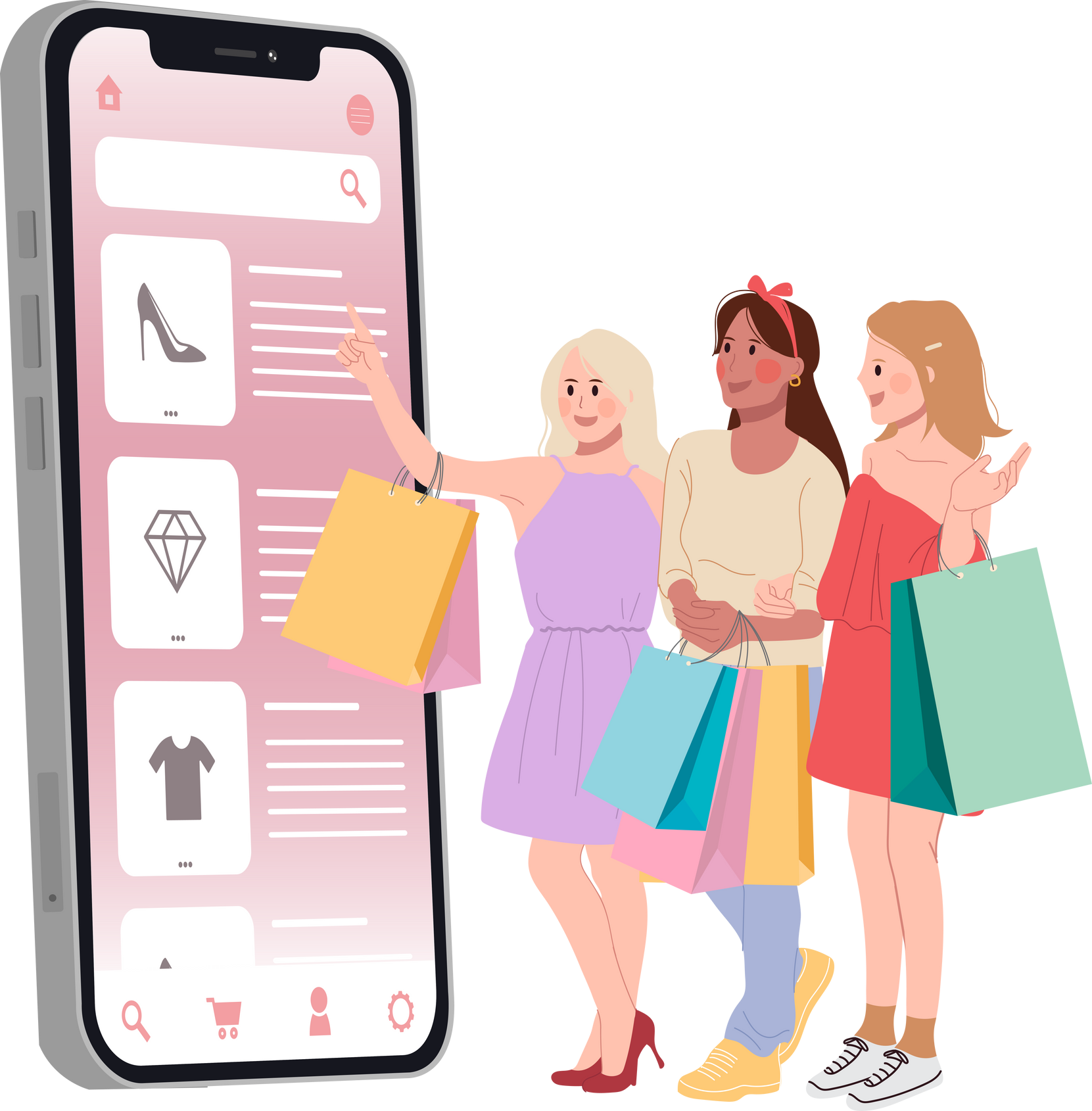 Group of Friend Shopping Online by Mobile App.